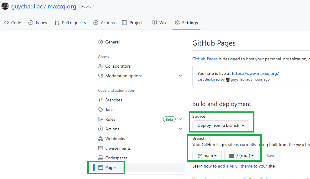 github pages settings